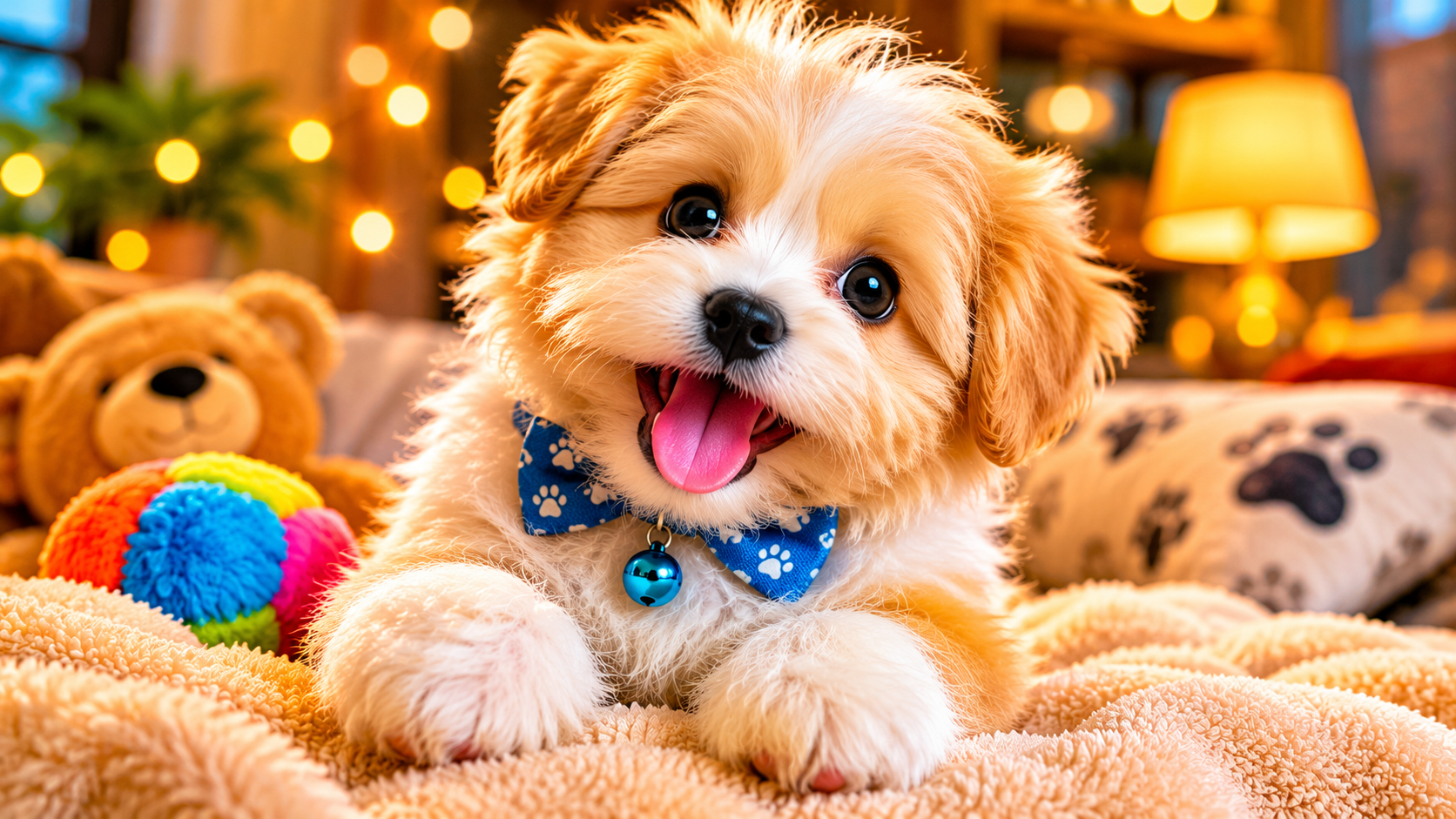 tiny fluffy puppy making funny expression in cozy lighting