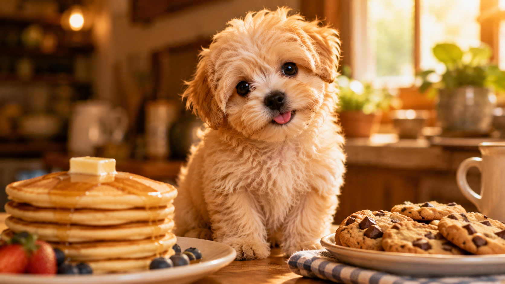 cute fluffy puppy sitting beside pancakes in cozy warm lighting