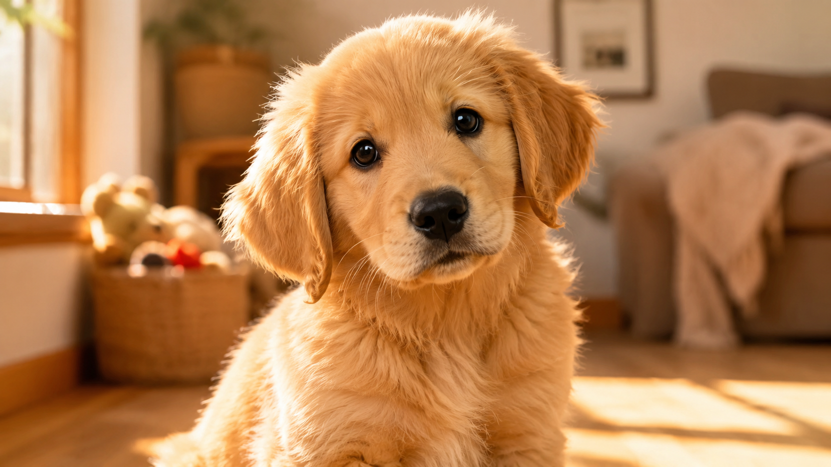 cute female puppy sitting in cozy warm sunlight