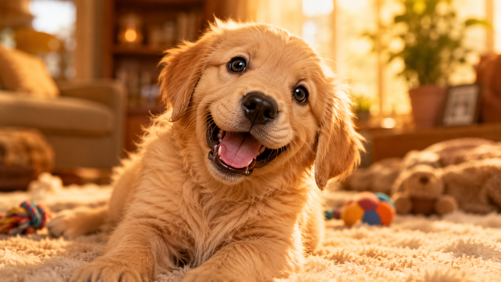 goofy golden retriever puppy smiling in cozy sunlight