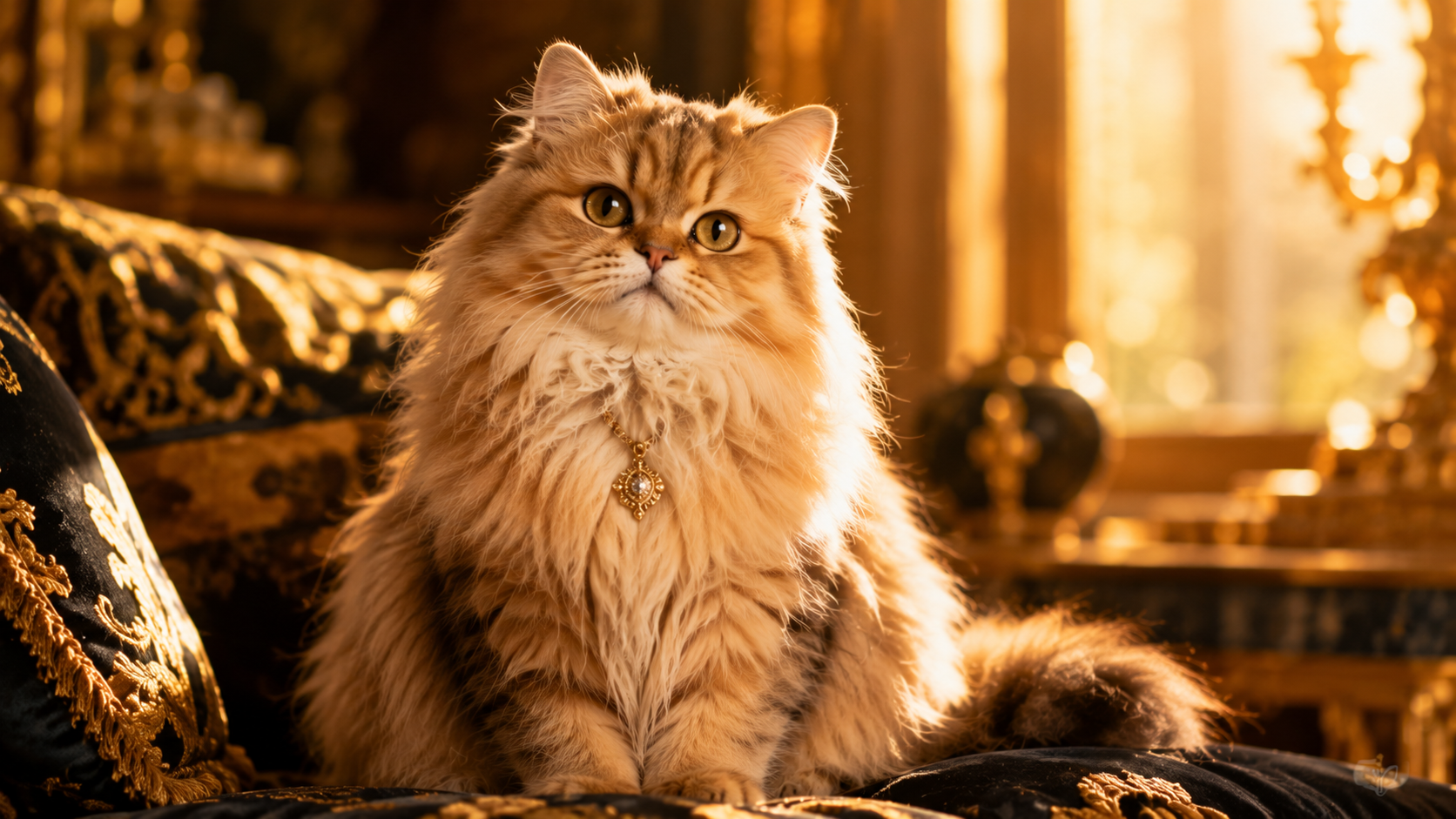 luxury fluffy cat sitting in elegant golden sunlight
