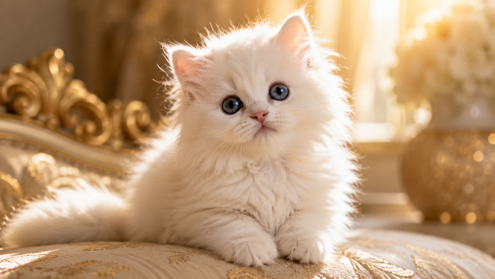 fluffy white kitten sitting in soft golden sunlight