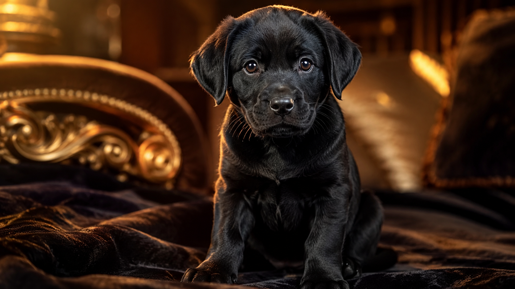 cute black puppy sitting in dramatic warm lighting