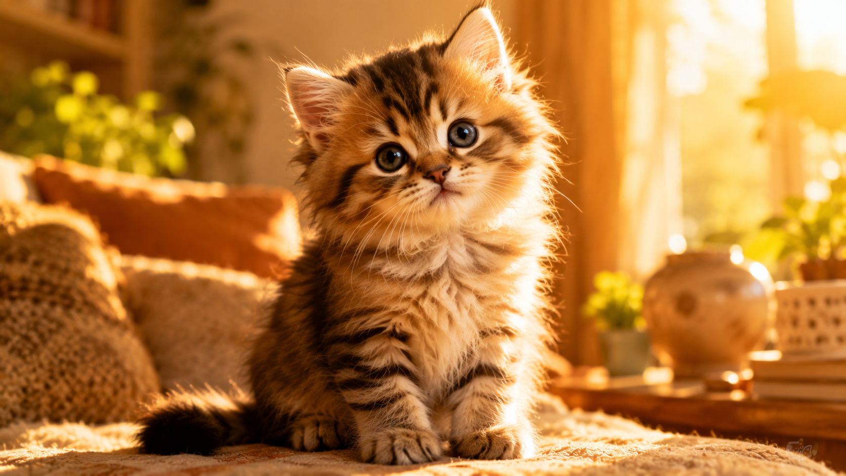 cute male kitten sitting in warm cozy sunlight