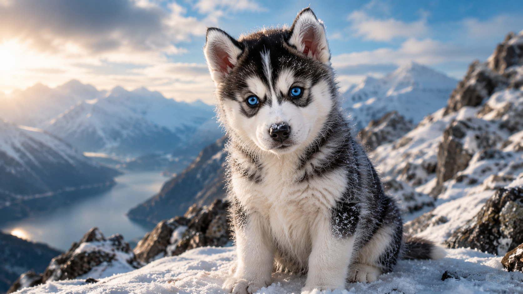 cute husky puppy sitting in snowy landscape with blue eyes