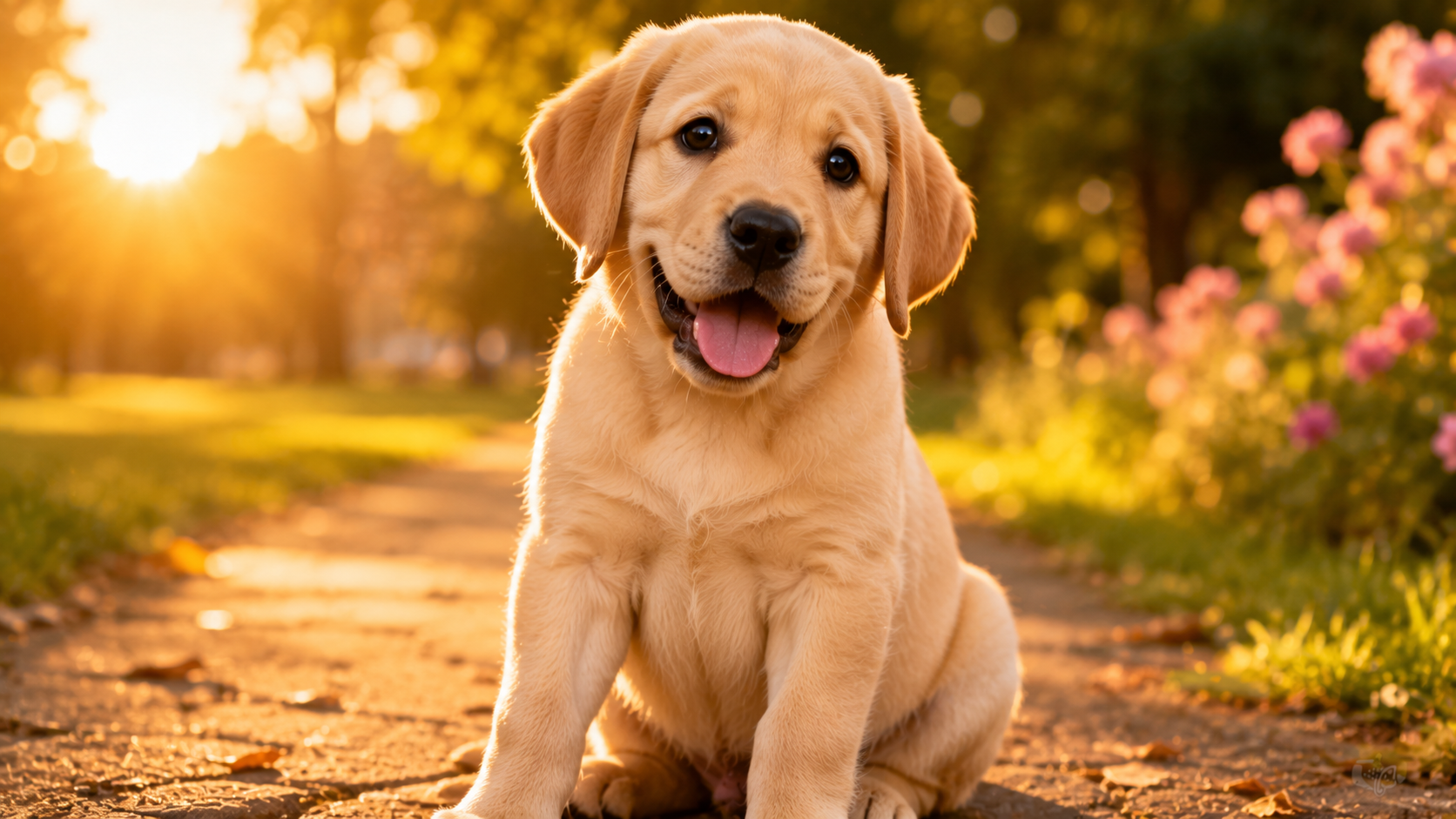cute labrador puppy sitting in golden sunlight outdoors