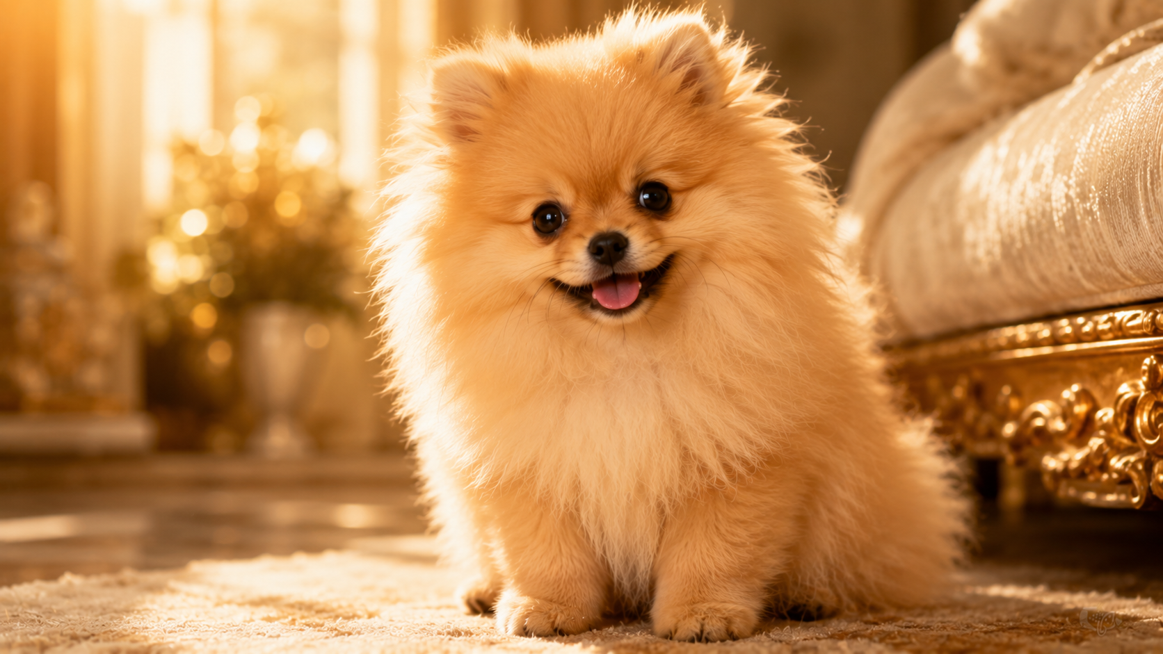 cute fluffy pomeranian puppy sitting in warm golden sunlight