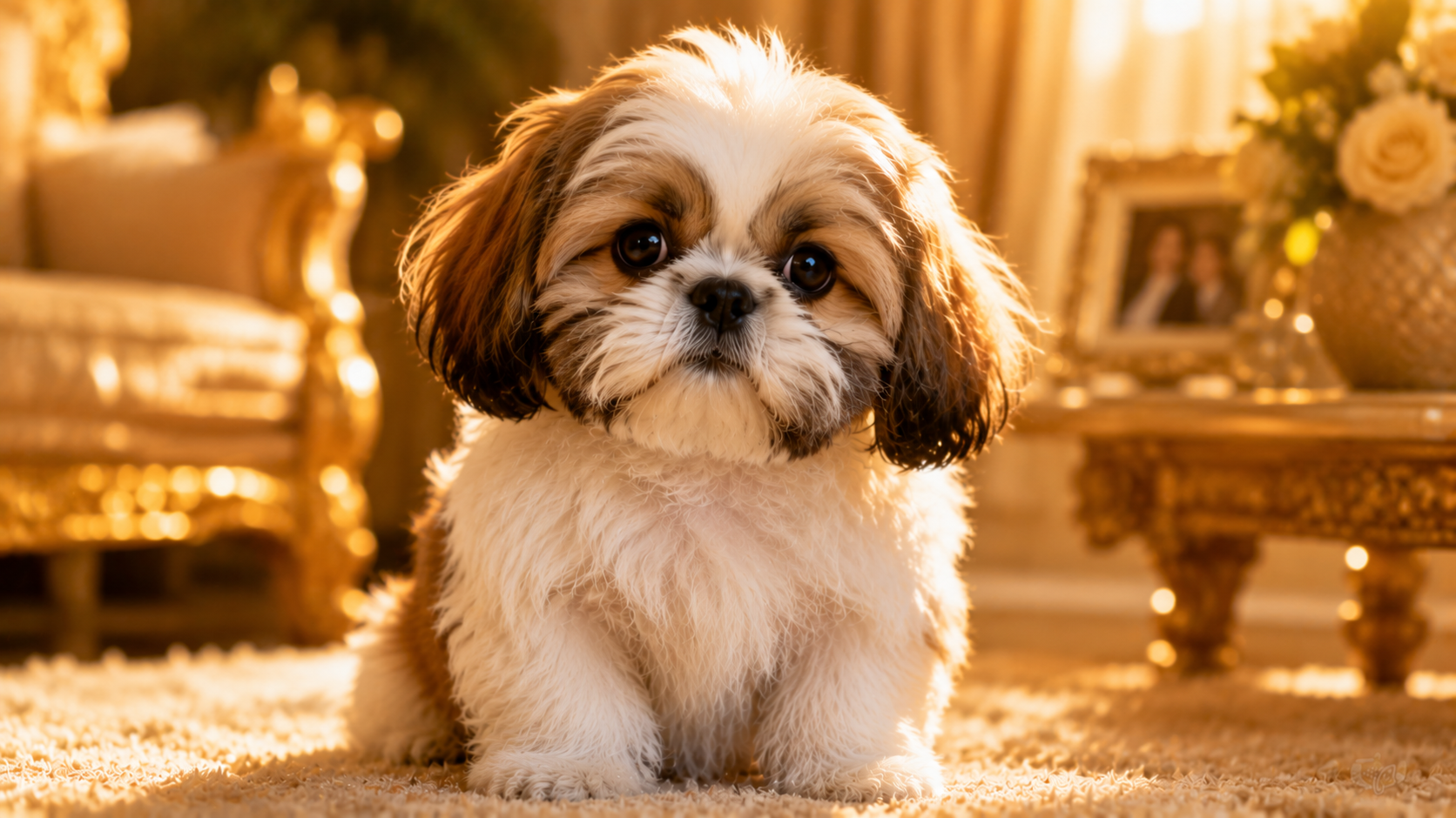 cute fluffy shih tzu puppy sitting in warm golden sunlight