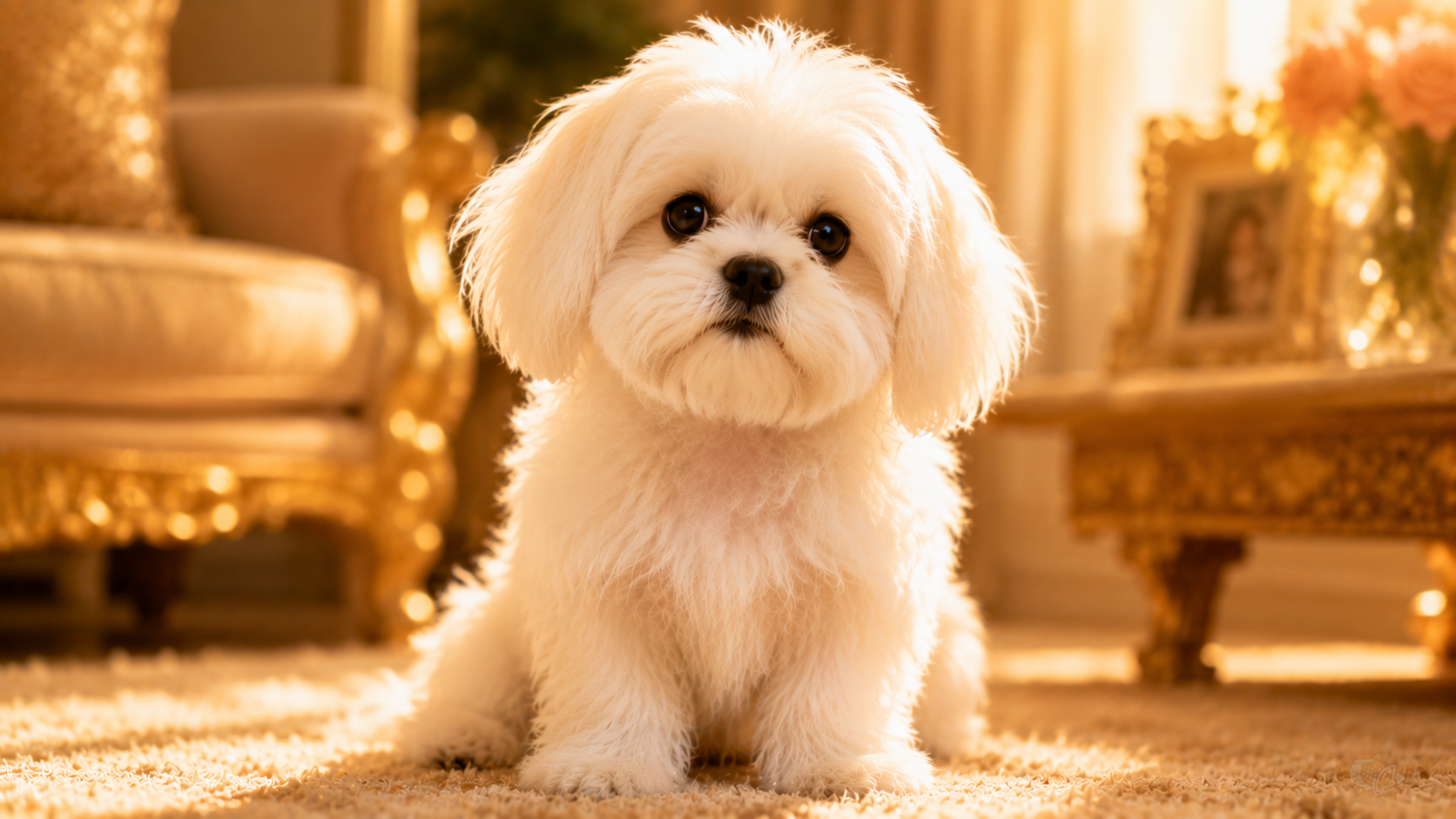 cute fluffy maltese puppy sitting in warm golden sunlight