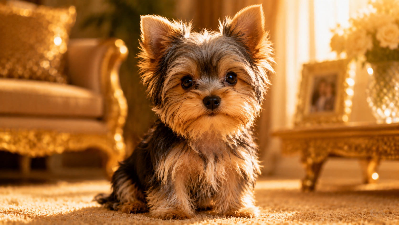 cute yorkshire terrier puppy sitting in warm golden sunlight