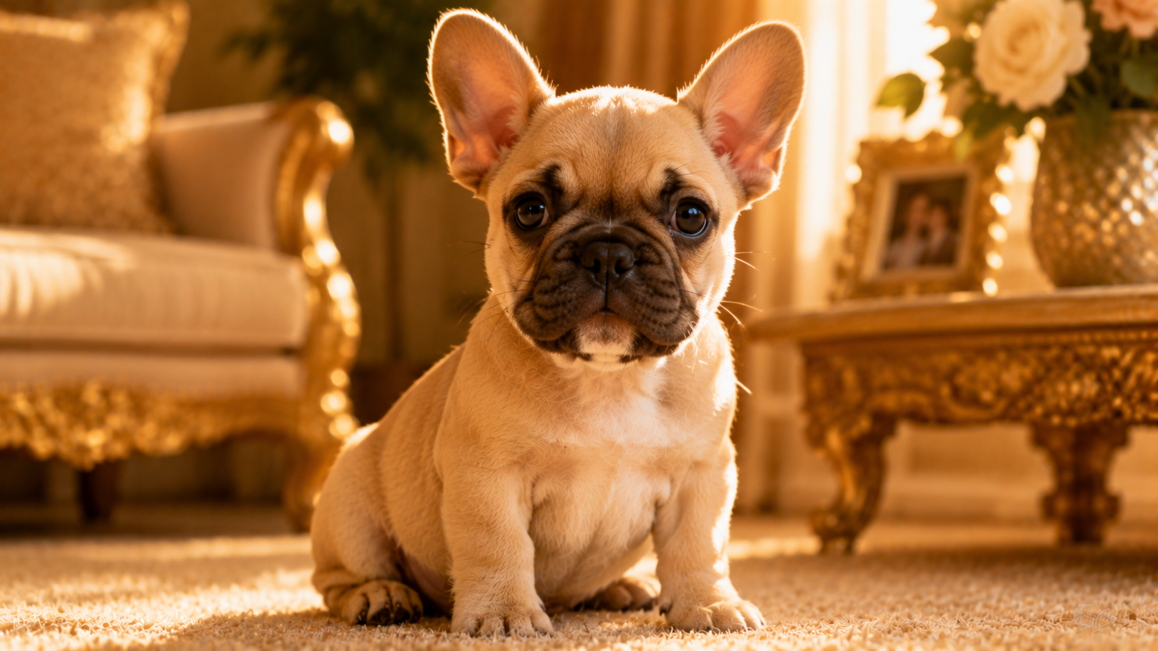 cute french bulldog puppy sitting in warm golden sunlight