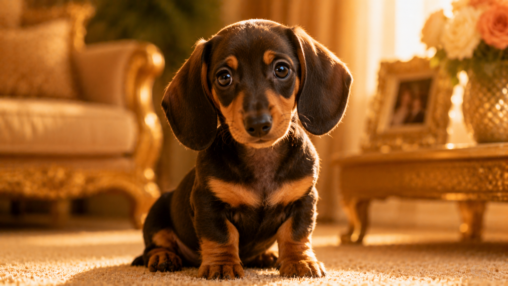cute dachshund puppy sitting in warm golden sunlight