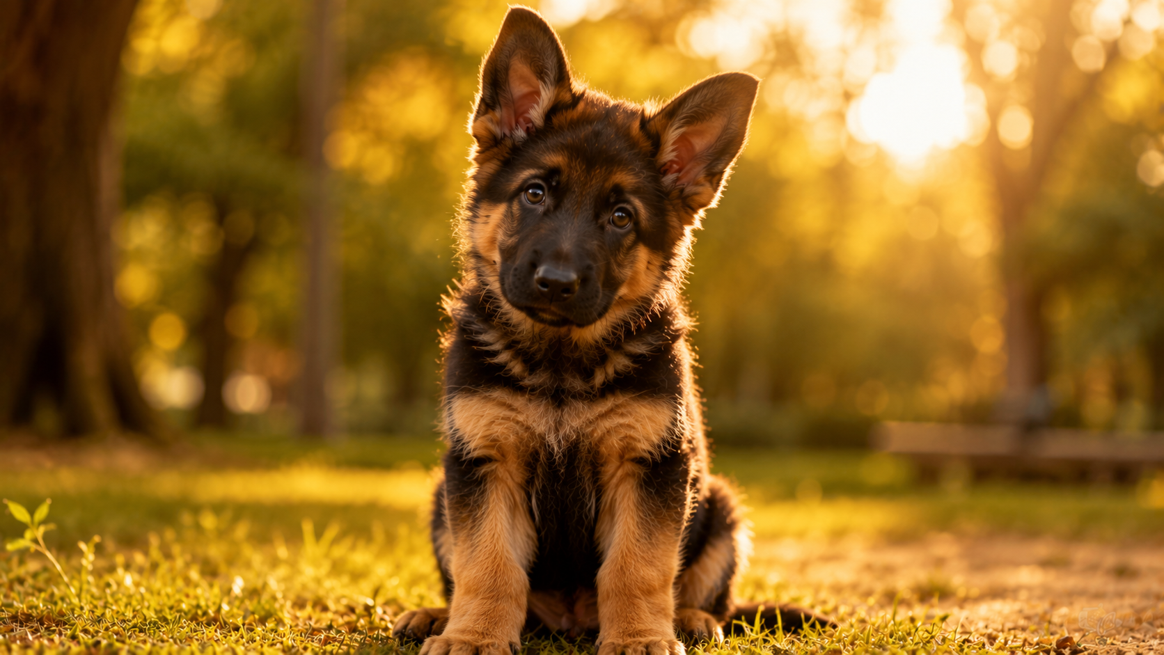 cute german shepherd puppy sitting in golden sunlight outdoors