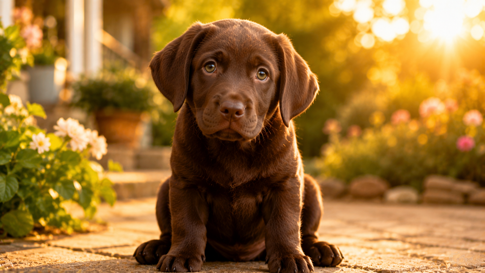 Cute brown Labrador puppy sitting in warm sunlight representing brown dog names ideas