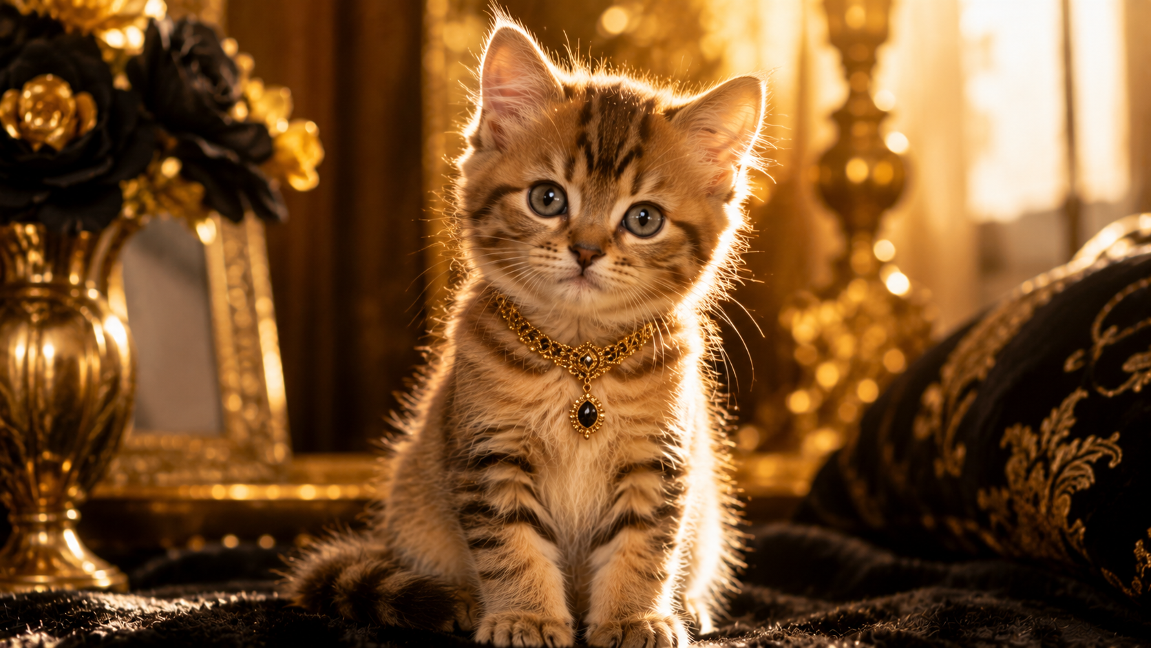 Elegant female kitten sitting in luxurious golden sunlight with soft fluffy fur