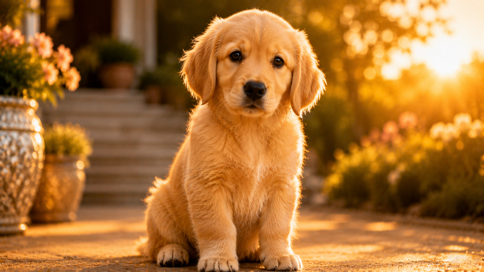 Beautiful female puppy sitting in warm golden sunlight with elegant appearance