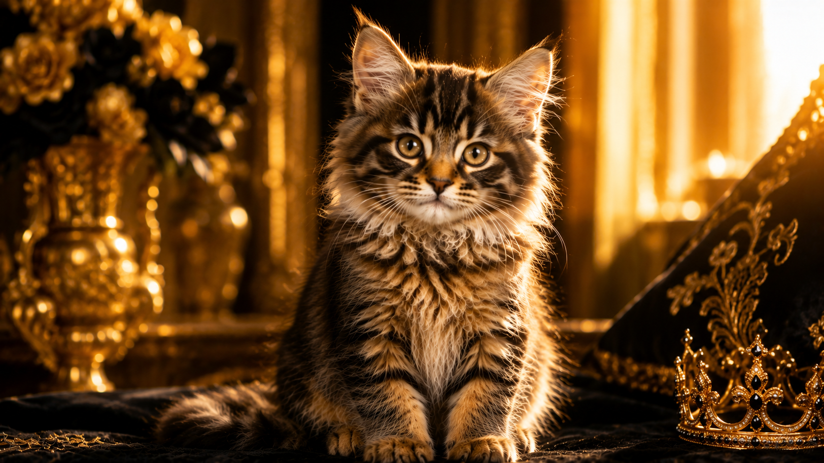 Handsome male kitten sitting in luxurious golden sunlight with elegant appearance
