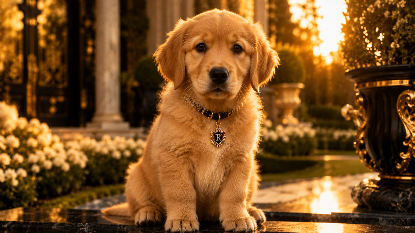 Luxury golden retriever puppy sitting in elegant golden sunlight
