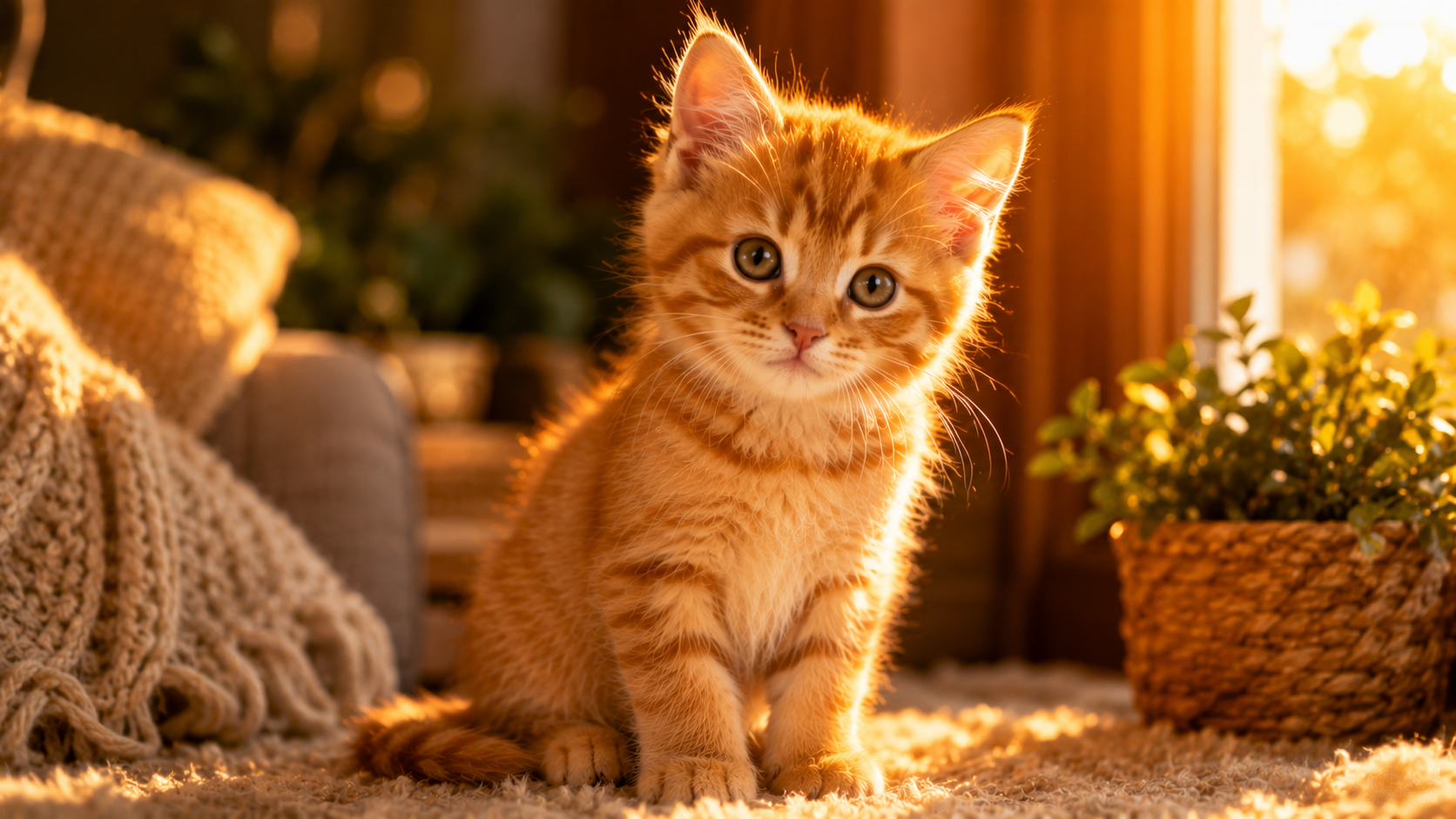 Cute orange kitten sitting in warm golden sunlight with fluffy fur