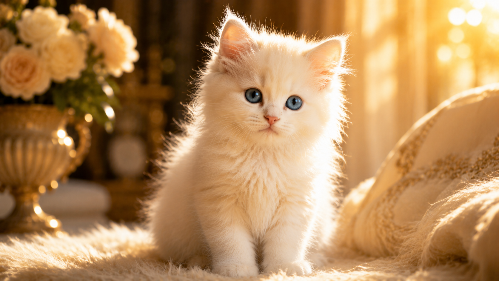 Fluffy white kitten sitting in soft golden sunlight with beautiful blue eyes
