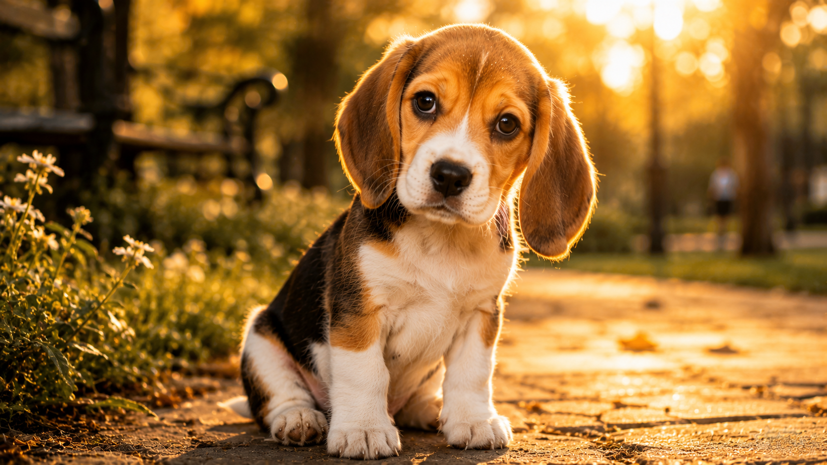 Cute Beagle puppy sitting in warm golden sunlight outdoors