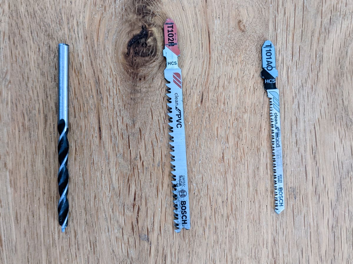 Drill bits and saw blades used for the cutouts in the Eurobox.