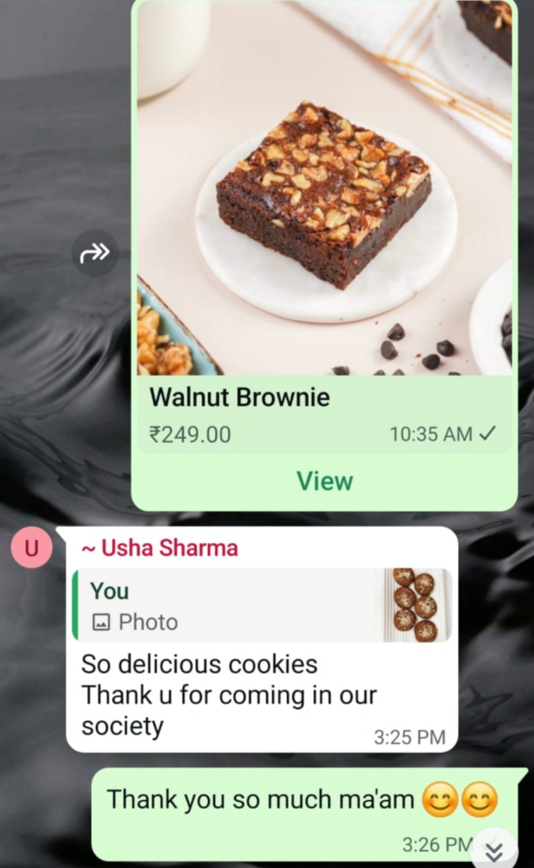 WhatsApp feedback from Usha Sharma praising the cookies and walnut brownie