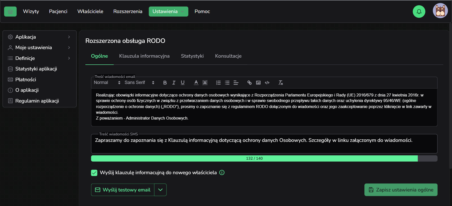 fizjo.pro rozszerzona obsługa rodo - panel konfiguracji usługi