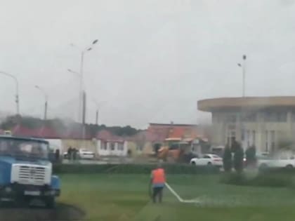 Странности октября в Липецке: поливка травы под дождем