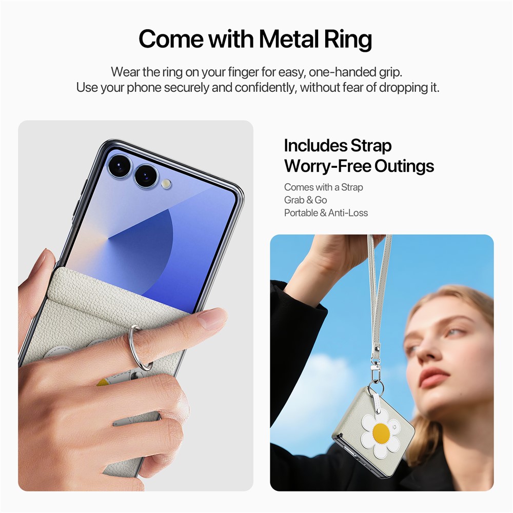 Samsung Galaxy Z Flip 7 - DUX DUCIS Leather With Ring Starlight Daisy - 5