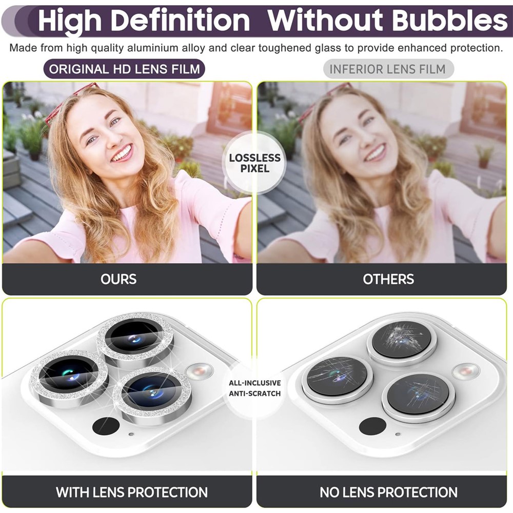 iPhone 15 Pro/15 Pro Max - Camera Lens Glass Protector Glitter Silver - 5