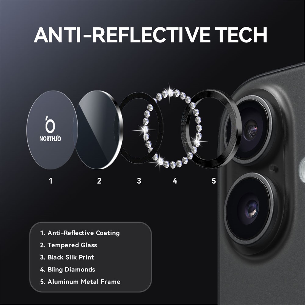 iPhone 17 - NORTHJO Camera Lens Glass Protector Glitter Black - 4