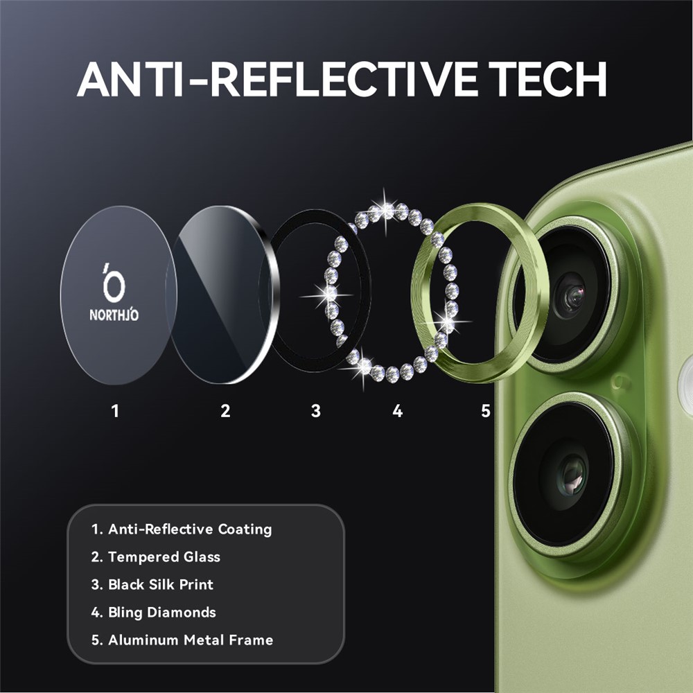 iPhone 17 - NORTHJO Camera Lens Glass Protector Glitter Green - 4