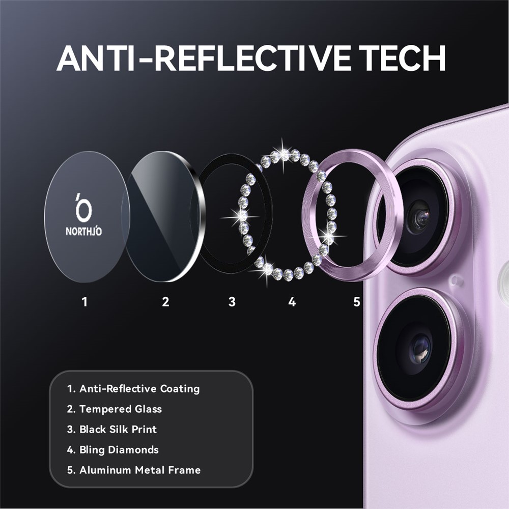 iPhone 17 - NORTHJO Camera Lens Glass Protector Glitter Purple - 4