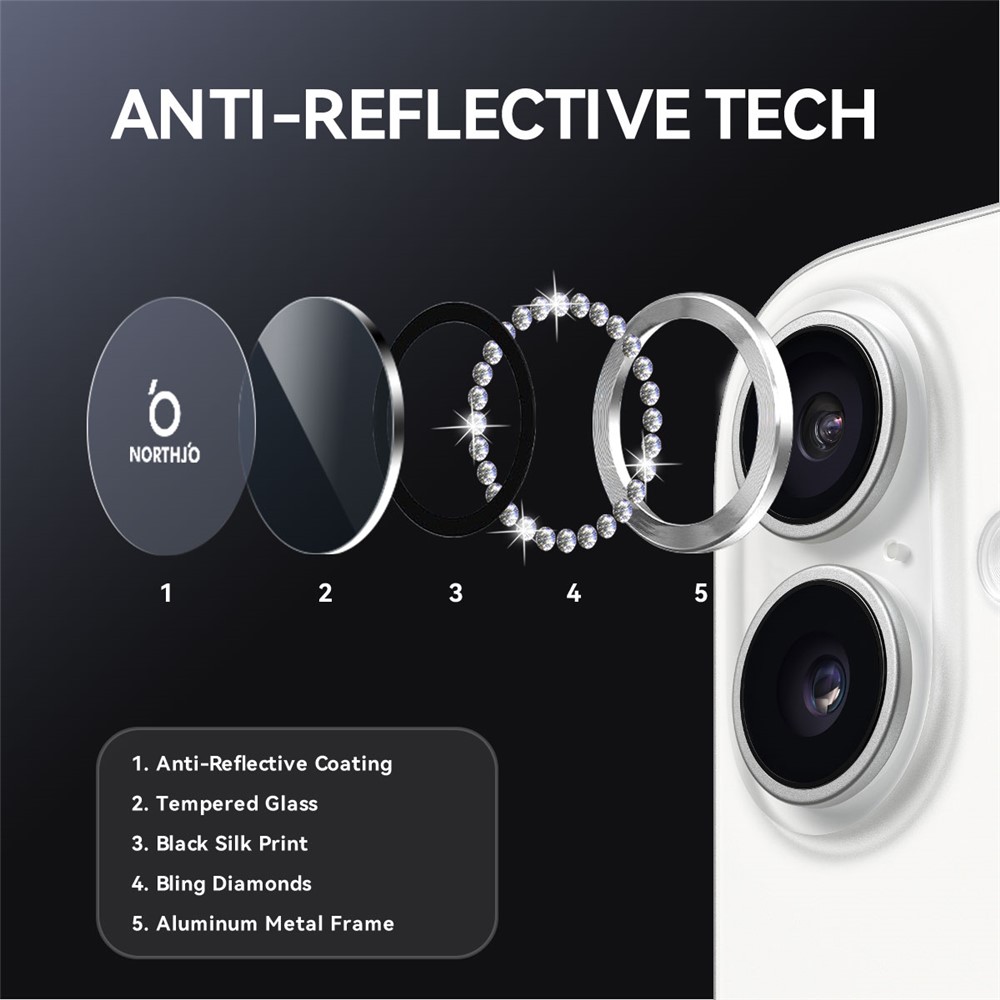 iPhone 17 - NORTHJO Camera Lens Glass Protector Glitter Silver - 4