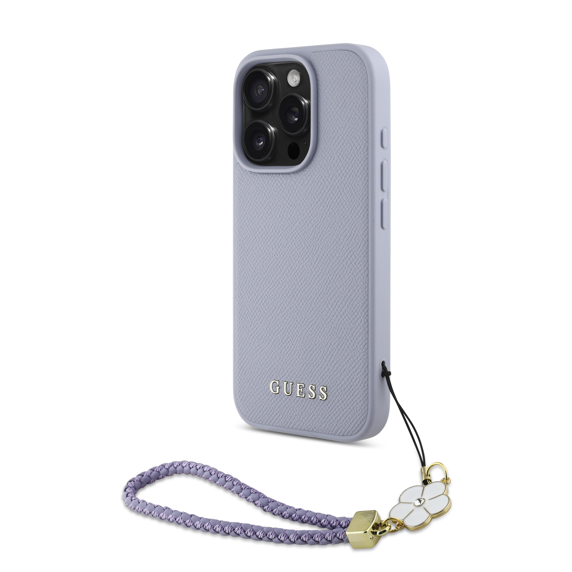 iPhone 16 Pro - GUESS Hard Case MagSafe Grained PU Flower Charm Strap Purple - 2