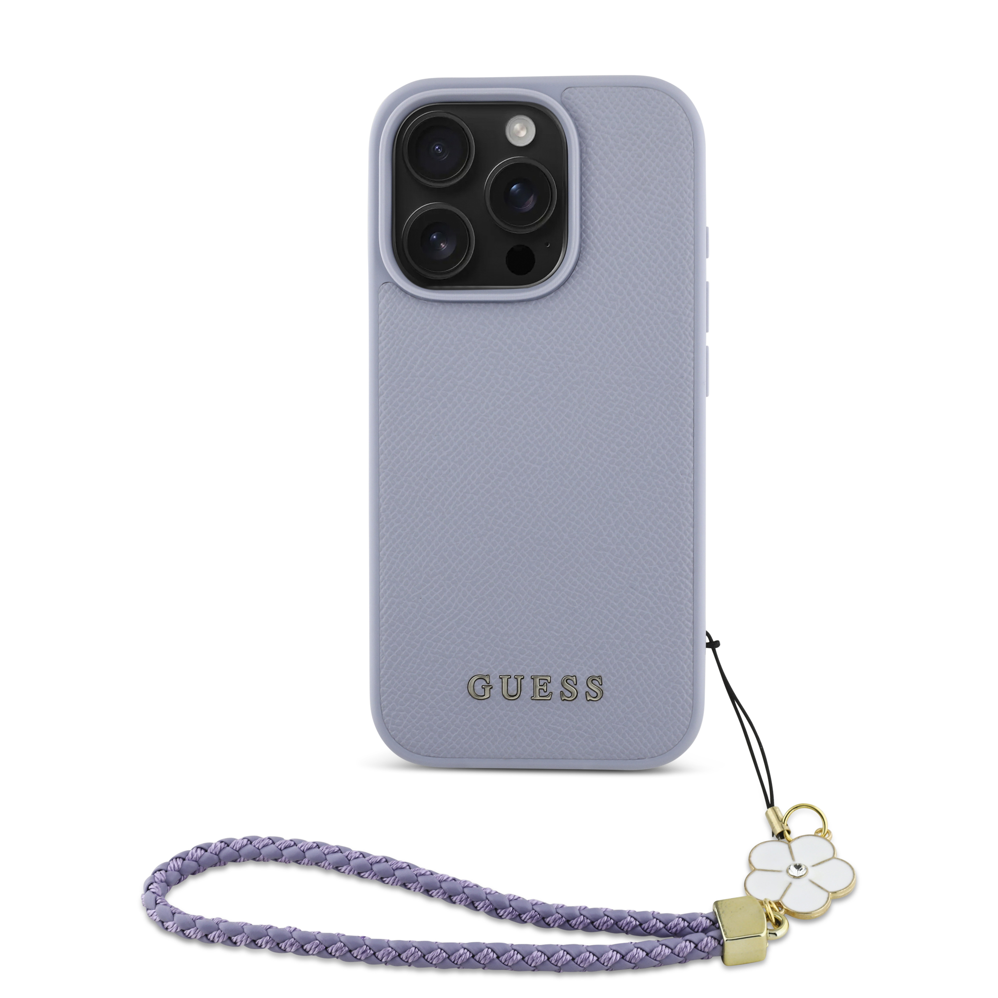 iPhone 16 Pro - GUESS Hard Case MagSafe Grained PU Flower Charm Strap Purple - 3