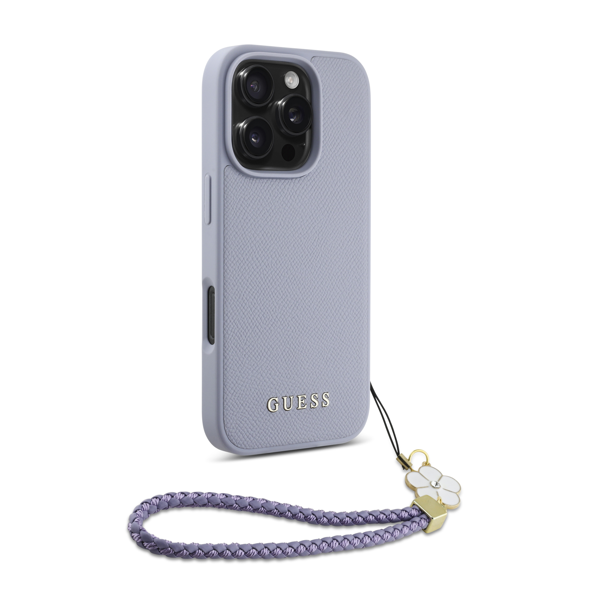 iPhone 16 Pro - GUESS Hard Case MagSafe Grained PU Flower Charm Strap Purple - 4