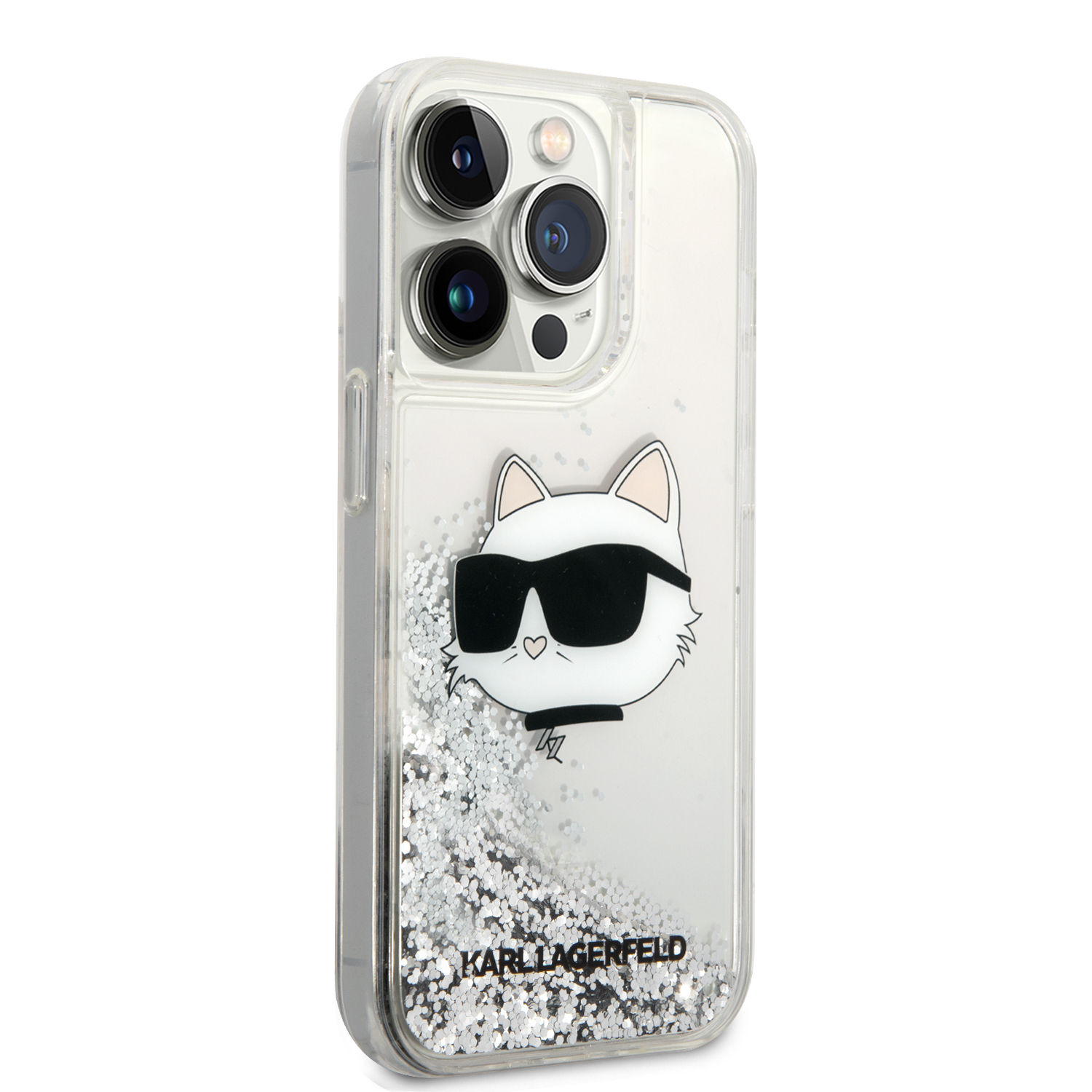 iPhone 15 Pro Max - KARL LAGERFELD PC/TPU Silver Hard Case Liquid Glitter Choupette Head - 5
