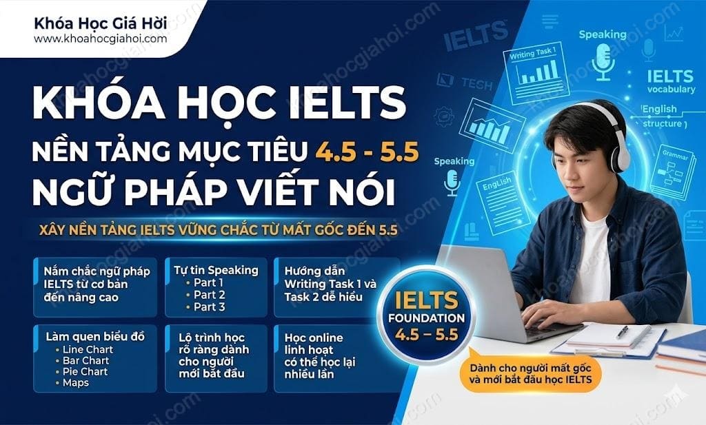 Khóa Học IELTS Nền Tảng Mục Tiêu 4.5 - 5.5: Ngữ Pháp - Viết - Nói