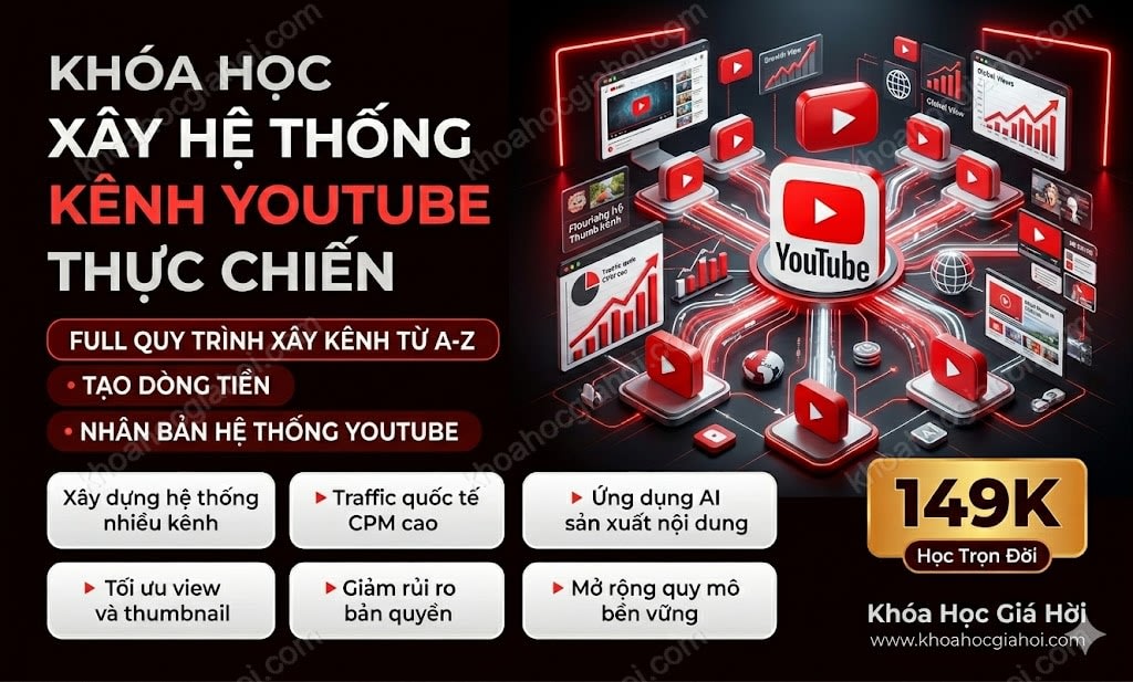 Khóa học Xây hệ thống kênh Youtube thực chiến Mới nhất- Mr. Khâm Lê – Full quy trình từ A tới Z xây kênh youtube, tạo dòng tiền và nhân bản hệ thống mới nhất