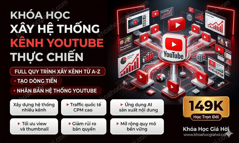 Khóa học Xây hệ thống kênh Youtube thực chiến Mới nhất- Mr. Khâm Lê – Full quy trình từ A tới Z xây kênh youtube, tạo dòng tiền và nhân bản hệ thống mới nhất