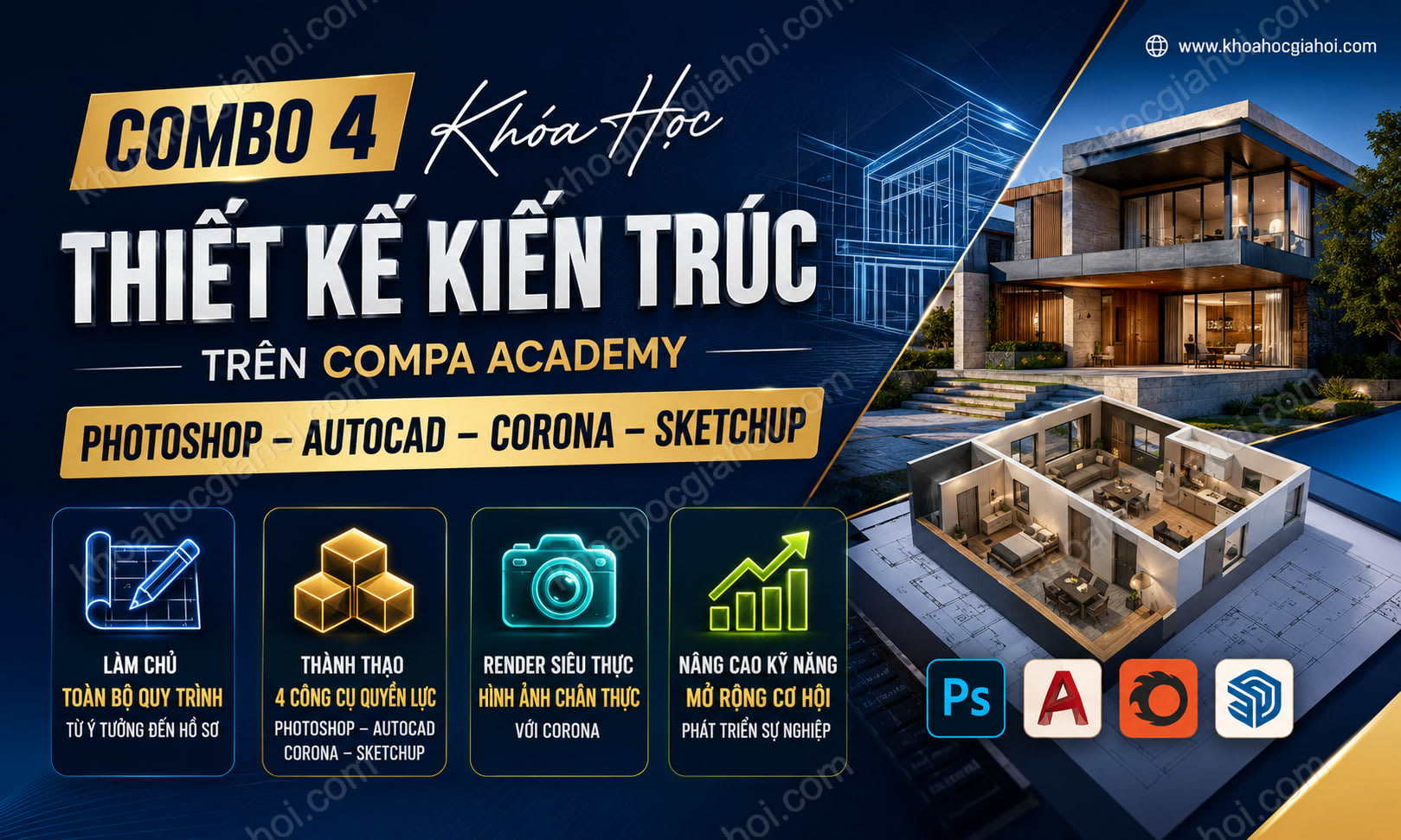 Combo 4 Khóa Học Thiết Kế Kiến Trúc Trên Compa Academy: Photoshop – Autocad – Corona – Sketchup