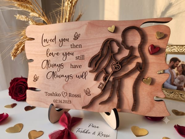 Placa Decorativa Personalizada em Madeira – Casal Silhouette "Loved You Then, Love You Still"