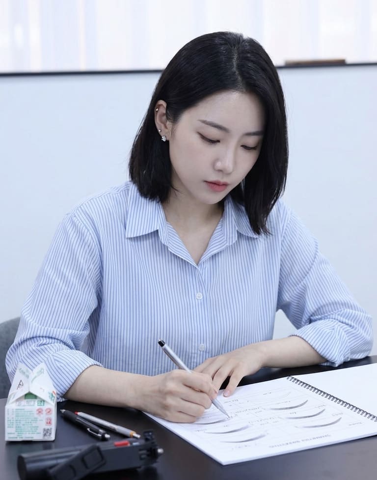 A beauty educator working through her lash practice sheets