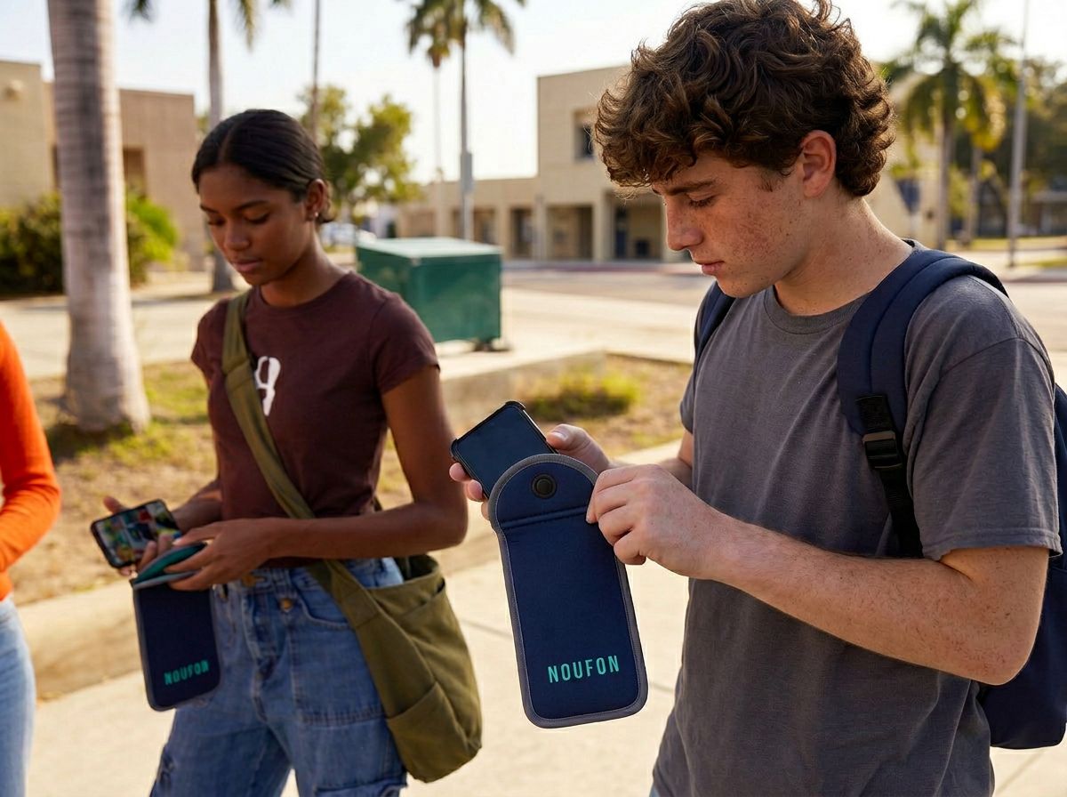 Alumno guardando su celular en el sistema NOUFON en el aula