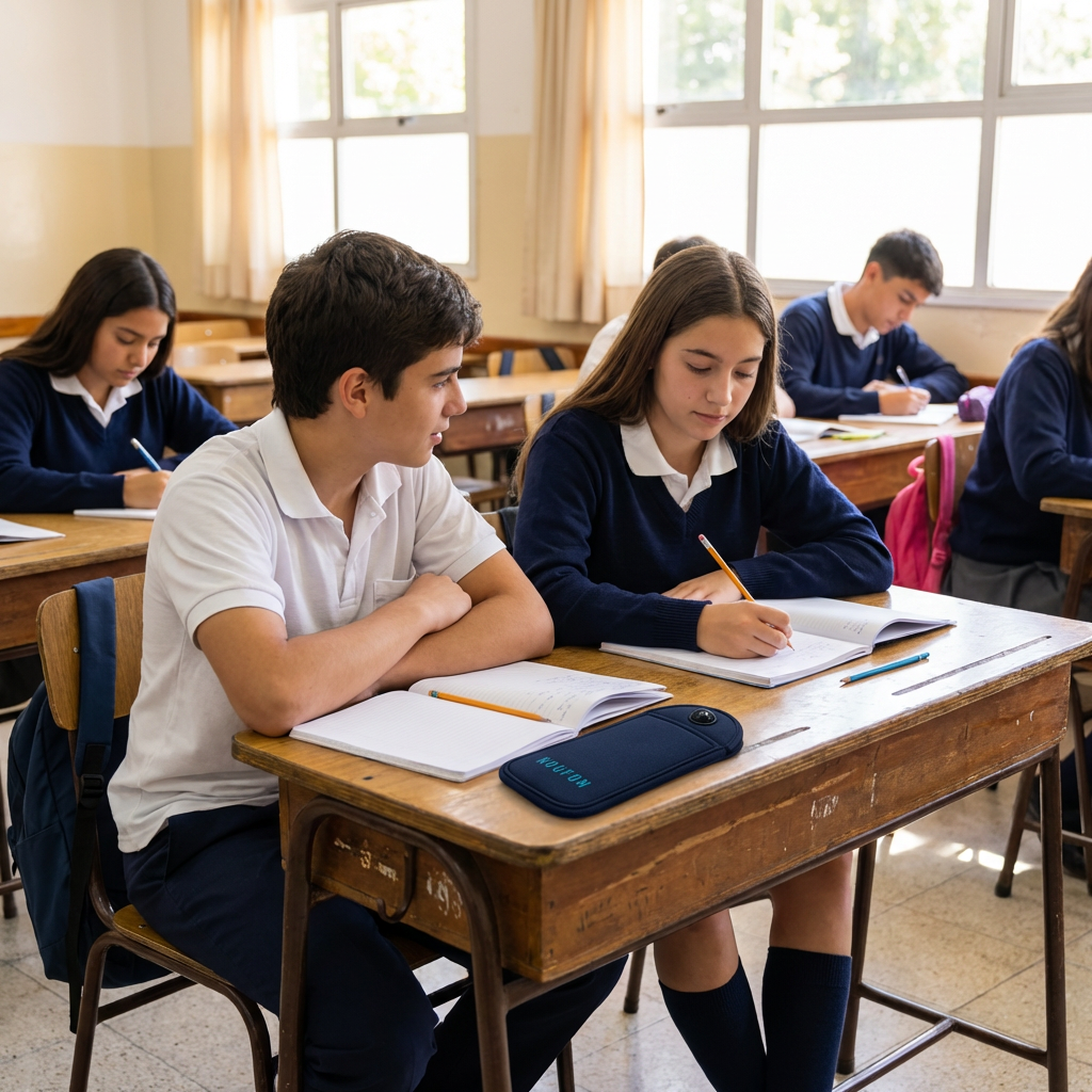 Docente usando el sistema de gestión de celulares NOUFON