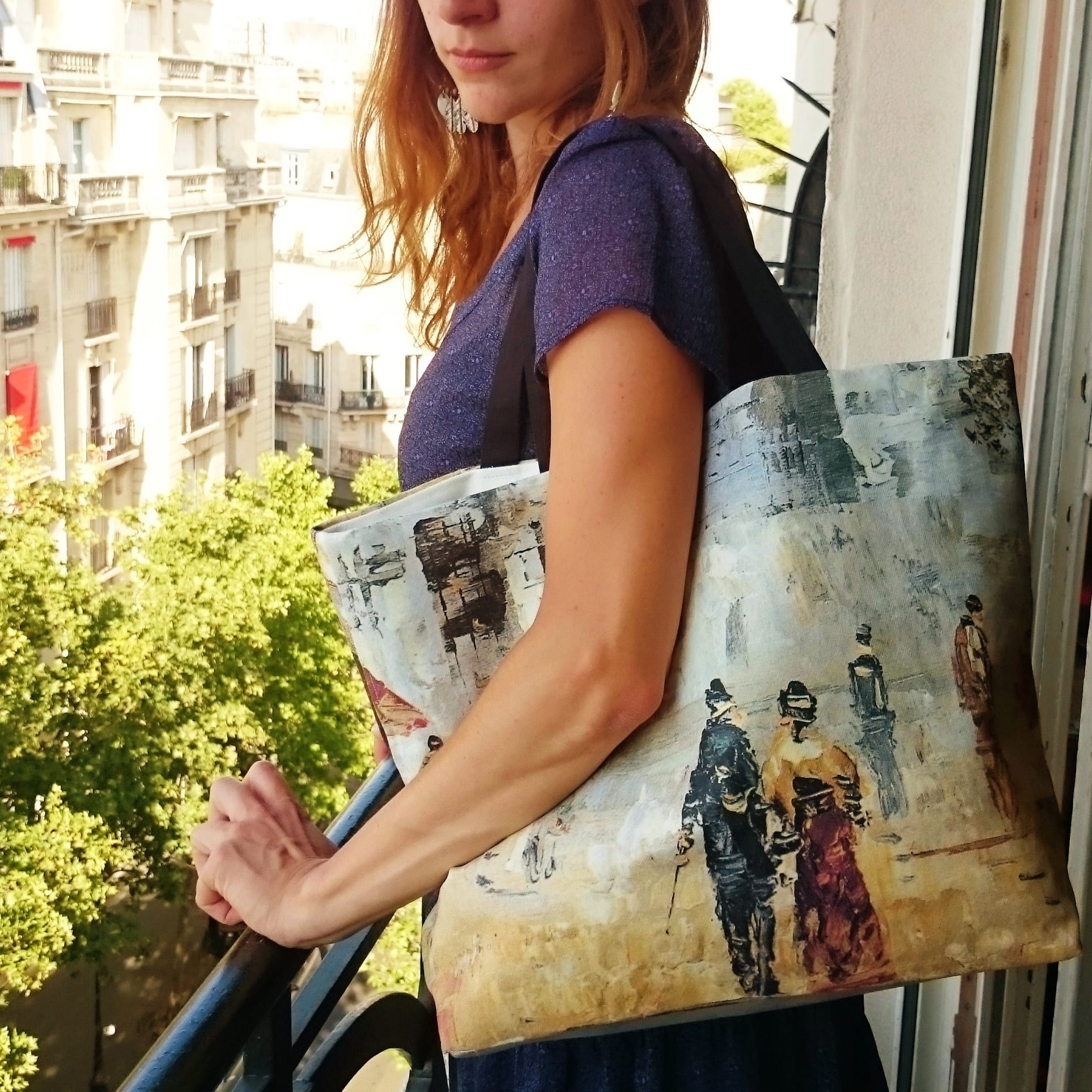 Tote bag "Walkers in Montmartre, impressionist painter's scene printed on canvas