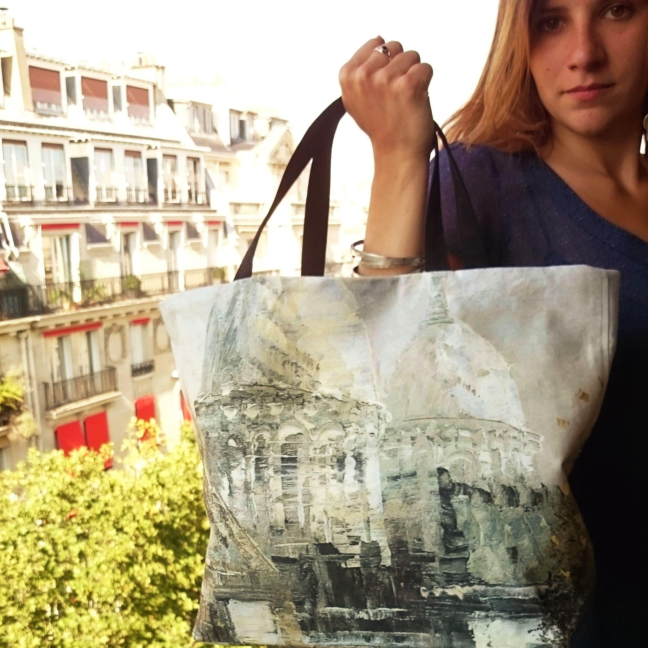 Sac Cabas "Sacré Cœur", Tableau exécuté par peintre impressionniste imprimé sur toile épaisse.