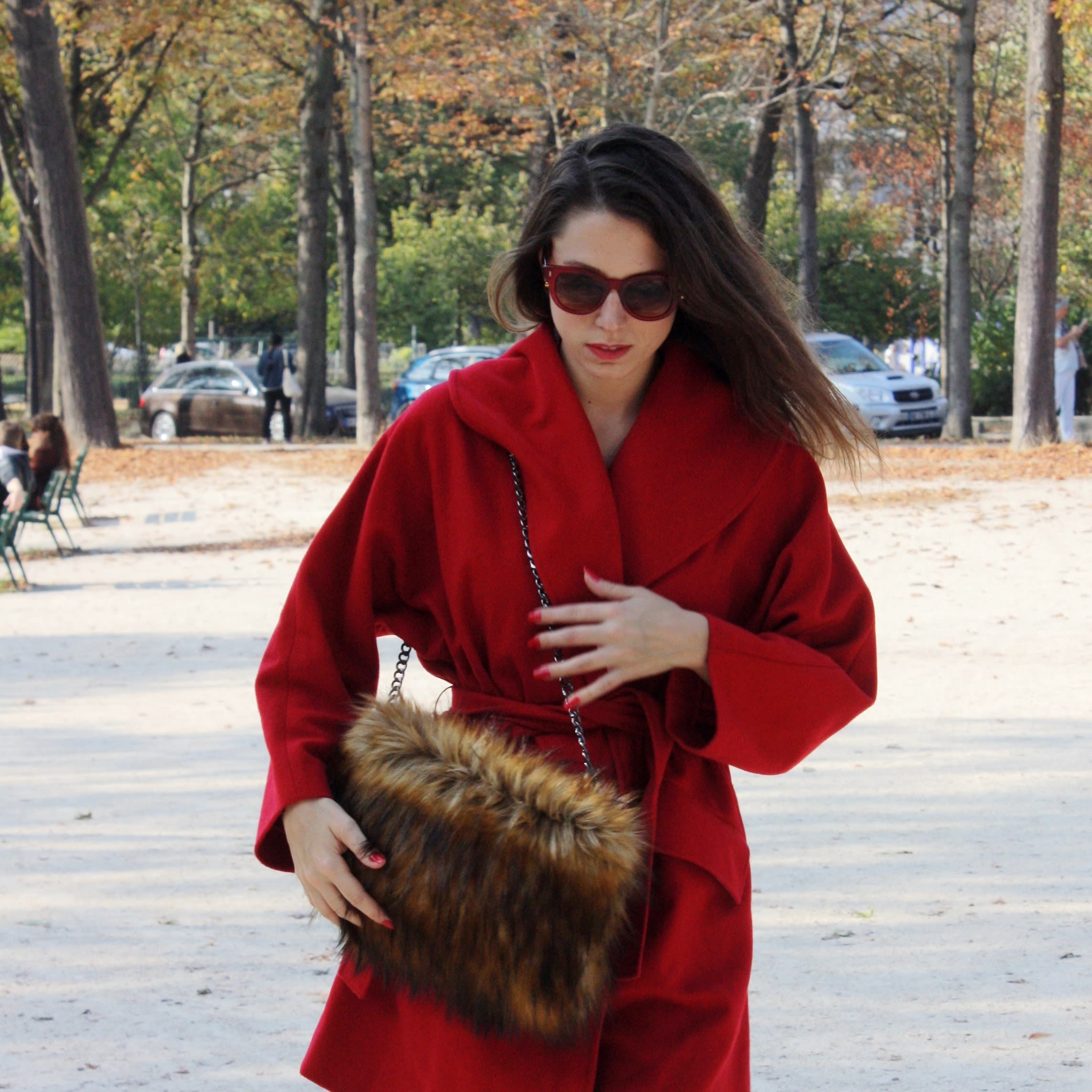 Red racoon faux fur little purse, with removable matching chaîn.